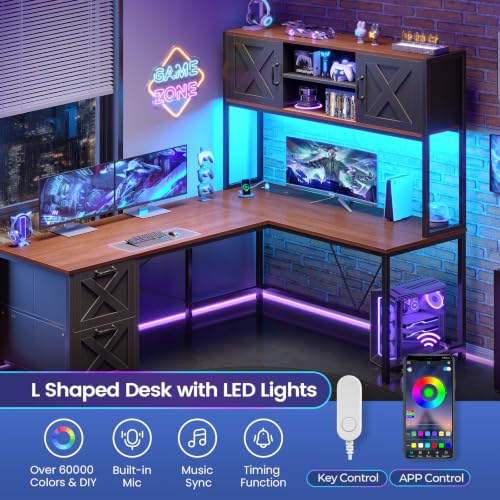 SEDETA Farmhouse Reversible L Shaped Coner Gaming Desk with Drawers, Hutch - color: Black and Brown