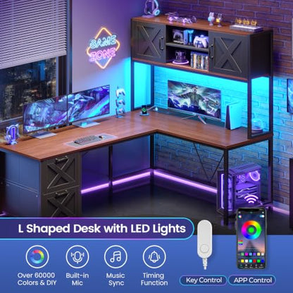 SEDETA Farmhouse Reversible L Shaped Coner Gaming Desk with Drawers, Hutch - color: Black and Brown