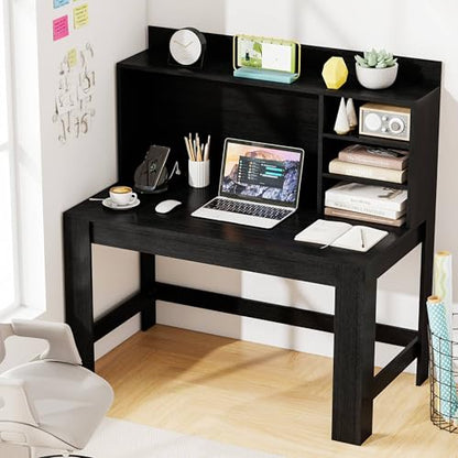 Tangkula Computer Desk with Hutch & Charging Station, Home Office Writing Study Desk with Storage Shelves, Cable Management Hole, Laptop Desk, Desk for Bedroom, Computer Workstation (Black) - color: Black