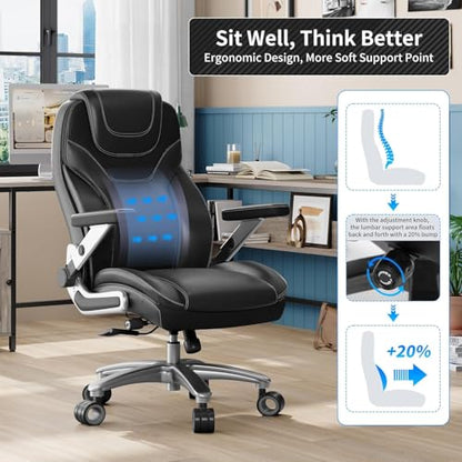 Big and Tall Office Chair with 5D Arms, Fabric & PU Leather Heavy Duty Desk Chair, Adjustable Lumbar Support & Height, Tilt Function, High Back Ergonomic Executive Computer Chair - color: Black