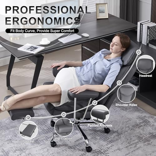 Big and Tall Office Chair, Executive Home Office Desk Chair, Comfy Leather High-Back Reclining Computer Chair with Retractable Footrest and Padded Arms, 360°Swivel Rolling Wheels, Wide Seat, Gray - color: Grey