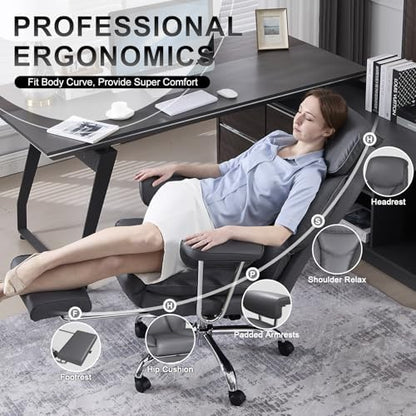 Big and Tall Office Chair, Executive Home Office Desk Chair, Comfy Leather High-Back Reclining Computer Chair with Retractable Footrest and Padded Arms, 360°Swivel Rolling Wheels, Wide Seat, Gray - color: Grey