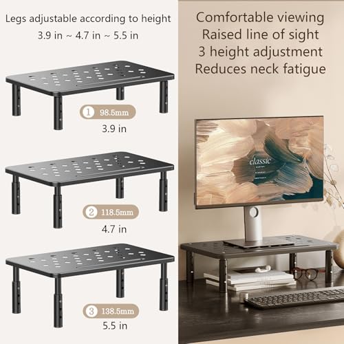 Monitor Stand Riser for Desk, 3 Height Adjustable (3.9/4.7/5.5 Inch) Heavy Duty Carbon Steel + PE Computer Stand, Ergonomic Laptop Riser, For PC Printer Dual Screens – 14.6 x 9.1 Inch Black - color: Black