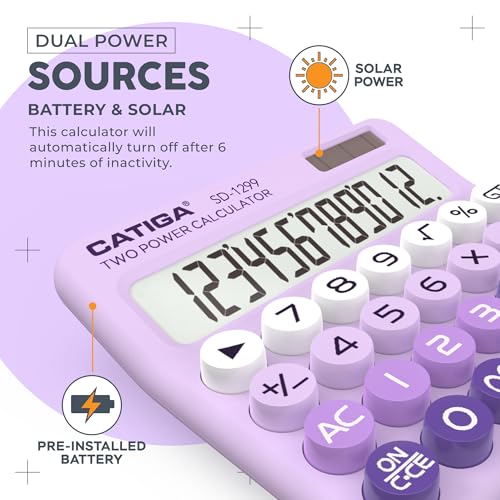 CATIGA Mechanical Switch Calculator with Solar and Battery Dual Power, 12-Digit Large LCD Display, Aesthetic and Cute Desktop Calculator with Big Button, for Home, School and Office Use, SD-1299 - color: Z) Lavender