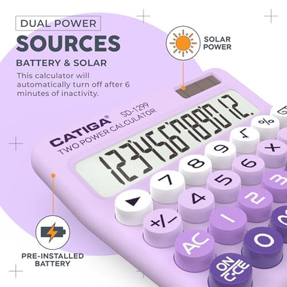 CATIGA Mechanical Switch Calculator with Solar and Battery Dual Power, 12-Digit Large LCD Display, Aesthetic and Cute Desktop Calculator with Big Button, for Home, School and Office Use, SD-1299 - color: Z) Lavender