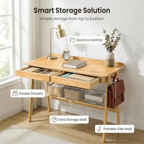 KEIKI Solid Wood Writing Desk with Drawers, 47" Computer Desk with Shelf for Home Office Work, Study, Natural - color: Natural W/Shelf