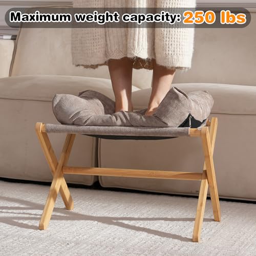 Baveke Folding Foot Stool, Small Accent Ottoman with Thick Cotton Cushion & Bamboo X Legs, Modern Padded Sofa Stool for Makeup Bedroom Living Room (Brown) - color: Light Brown, size: 21.3"D x 13.4"W x 18.5"H