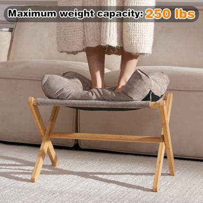 Baveke Folding Foot Stool, Small Accent Ottoman with Thick Cotton Cushion & Bamboo X Legs, Modern Padded Sofa Stool for Makeup Bedroom Living Room (Brown) - color: Light Brown, size: 21.3"D x 13.4"W x 18.5"H