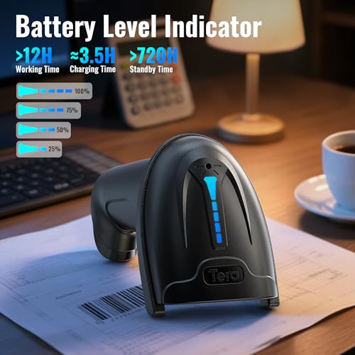Tera Barcode Scanner with Battery Indicator: 2D Wireless, D5100, Black | USB Wired, 2.4G Wireless, 2200mAh Battery, 1D 2D QR Scanning, IP54 Protection, Retail Checkout Warehouse School PC Phone - color: 2D Black