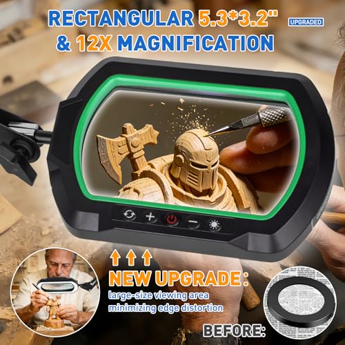 12X Rectangle 3-Section Magnifying Glass with Light and Clamp-Green | 5 Color Mode & Stepless Dimming LED Lamp, Ultra Long Hands-Free Lighted Magnifier for Workbench Reading Craft Hobby Sewing - color: Green, size: 12X