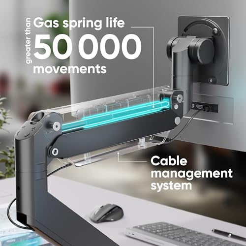 ONKRON Heavy Duty Monitor Arm for 17-57 Inch Screens up to 59.4 lbs, Ultrawide Screen Mount with Adjustable Gas Spring, VESA 75x75-200x200, Single Arm Monitor Mount for Desk, Clamp & Grommet Black | Ultrawide monitor mount with 23" extension, gas spring,
