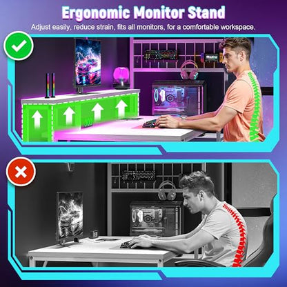 DurayLoly 63" Gaming Desk with RGB LED,Headphone Hook Shelves for Bedroom - color: White, size: 19.6"Dx63"Wx51"H