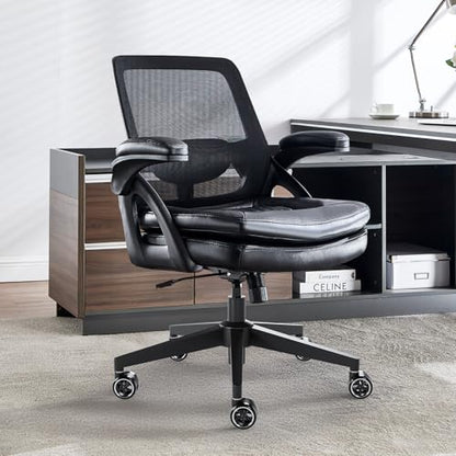 Big and Tall Office Chair, 500lbs Heavy Duty Ergonomic Mesh, Black | Flip-Up Armrests, Plus Size PU Leather Wide Seat, 360° Swivel Computer Executive Task Chair for Home Office, Up to 500LBS Cap - color: Black, size: 1BOX