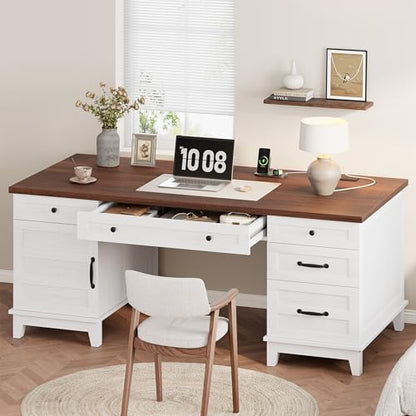 60" Executive Desk with Power Outlet, Home Office Desk with Drawers, Wooden Work Desk with File Cabinet, Computer Desk for Work, Study, Writing, White and Brown - color: White and Brown