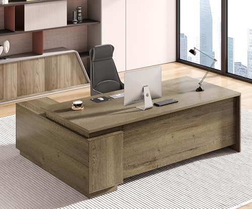 63" Reversible L-Shaped Executive Desk with Drawers, Compact Executive Office Desk with Storage Shelving, Built-in Outlets & USB Ports for Home, Office, Corporate, School (Tobacco Wood)
