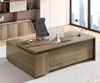 63" Reversible L-Shaped Executive Desk with Drawers, Compact Executive Office Desk with Storage Shelving, Built-in Outlets & USB Ports for Home, Office, Corporate, School (Tobacco Wood)