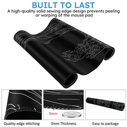 iCasso Mousepad,Gaming Mouse Pad,Black Wave of Kanagawa | Large Desk Mat,Big Rubber Base Mouse Mat with Stitched Edges,Computer Keyboard Desk Pad for Work Office Home - color: Black Wave of Kanagawa