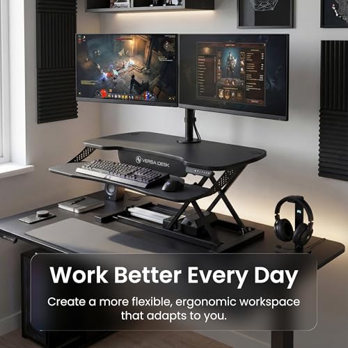 VERSADESK PowerPro Elite 36” - Electric Adjustable Desk Converter with Programmable Controller and USB Hub. Mobile App Controllable. Removable Keyboard Tray - Powerful Riser Lifts 80 lbs – Black - color: Black, size: 36" Wide