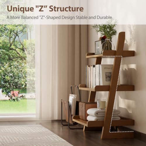 AQIMUELE Solid Wood Ladder Shelf, Leaning Bookshelf, Walnut, 3-Tier - color: Walnut, size: 3-Tier