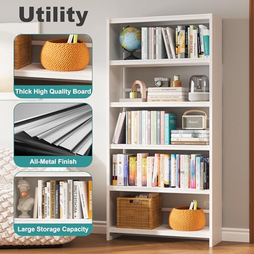 69" 5 Tier Metal Bookcase, Sturdy Storage Bookcase Book Stopper (White) - color: White, size: 69"H*34"W