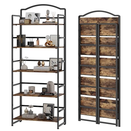 JSB 5 Tier No Assembly Folding Bookshelf, Arched Bookshelf, Foldable Bookcase for Living Room, Bedroom, Office,Skinny Bookshelf (Fire Brown) - color: Fire Brown, size: 5-Tier