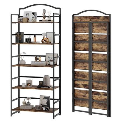 JSB 5 Tier No Assembly Folding Bookshelf, Arched Bookshelf, Foldable Bookcase for Living Room, Bedroom, Office,Skinny Bookshelf (Fire Brown) - color: Fire Brown, size: 5-Tier