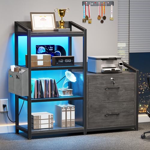 SEDETA 2 Drawer File Cabinet, Filing Cabinet fits Letter Legal, A4 Size, File Cabinets for Home Office with Lock, Power Strip, LED Lights and Open Shelf, Grey - color: Grey