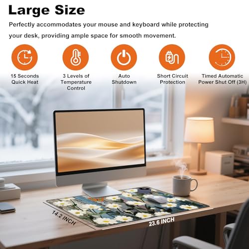 Heated Desk Pad 23.6" x 14.2" 3 Large Heated Mouse Pad with Heat Levels (40°C/45°C/50°C) & 3H Auto Shut-Off Desk Mat Fast Heating PU Leather Warmer MousePad for Home Office - Floral Flower Butterflies - color: Floral Flower Butterflies, size: 23.6 x 14.2