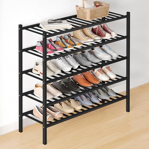 Smiry Bamboo Shoe Rack for Closet, 5 Tier - 33.86" Wide, Black | Stackable Wooden Shoe Organizer, Wood Shoe Storage Shelf for Entryway, 16 Vertical Slats, Reinforced Legs - color: Black, size: 5 Tier - 33.86" Wide