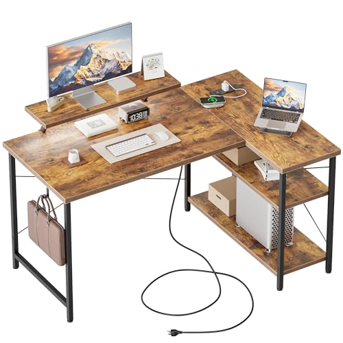 Mericonia 48 in Corner Desk with Monitor Stand, Small L Shaped Gaming Desk - color: Brown, size: 48 inch