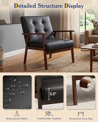 Black Faux Leather Chairs Set of 2 with Solid Wood Frame for Living Room | AODAILIHB Upholstered Lounge Modern Office Couch, with Thick Cushion, Single Sofa for Waiting Room/Dorm/Bedroom/Lobby - size: 2 chair
