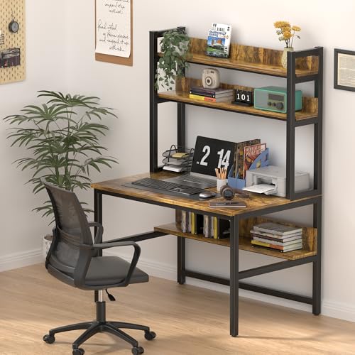 Aquzee Computer Desk with Shelves, 47“W x 23.6" D Desk with Hutch | Tall Home Office Desk with Bookshelf, Study Table with Upper Storage Shelf for Study Writing/Workstation, Brown - color: Brown, size: 47inch