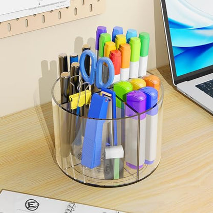 Mefirt Acrylic Pen Holder, 360 Degree Marker Organizer for Desk, Rotating Desk Storage With 4 Compartments, Art Supply Crayon Holder for Office School Home, Clear - style: Clear-Medium