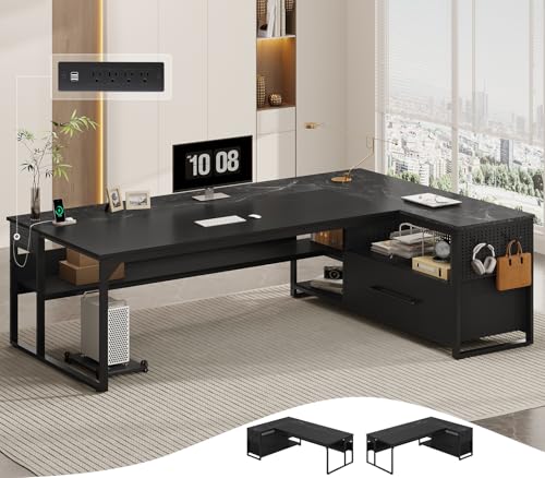 UPOSOJA 71" Executive Desk, L Shaped Office Desk with Widen File Drawers - color: Black, size: Widen Drawer