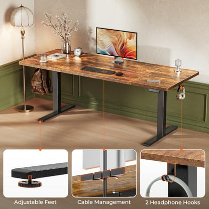 Huuger 71 x 30 Large Electric Standing Desk, Height Adjustable Computer Desk, 29.5" Deep Desktop, Stand up Gaming Office Table with 2 Hooks, 3 Preset Heights, for Home Office, Rustic Brown - color: Rustic Brown, size: 71*30 inch (no outlets)