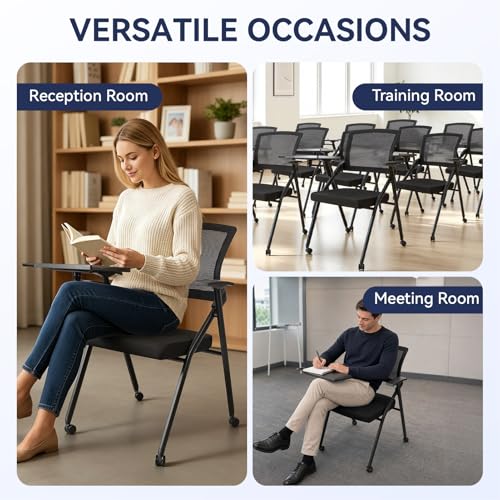 Folding Office Chair, Stackable Conference Chair with Casters and Tabletop | 300 lbs Capacity – Space-Saving for Meeting Room, Reception, Guest (With a writing pad) - size: M1