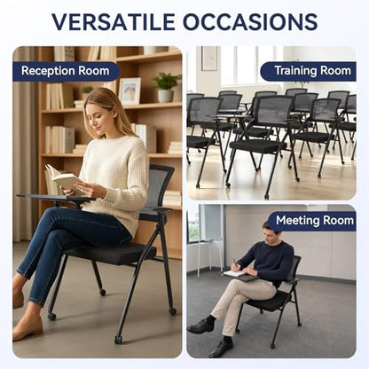 Folding Office Chair, Stackable Conference Chair with Casters and Tabletop | 300 lbs Capacity – Space-Saving for Meeting Room, Reception, Guest (With a writing pad) - size: M1