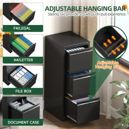 3 Drawer File Cabinet with Lock, Filing Cabinets for Home Office - color: Black, size: 3 Drawer - Vertical