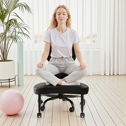 GUNJI Ergonomic Criss Cross Legged Office Chair, 360° Swivel Meditation Kneeling Chair with Wheels, ADHD Chair with Footrest, Lumbar Support, Wider Height Adjustable Seat (Black, Faux Leather) - color: Black