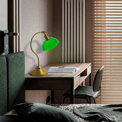 O'Bright Bankers - Cordless LED Table Lamp, Battery-Operated, Rechargeable, 3-Level Dimming, Universal USB-C Charging, 180° Swivel Head, Classic Green Glass Shade, Antique Brass - color: Antique Brass-Green Glass