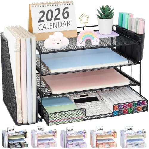 OPNICE Desk Organizer, 4-Tier Desktop File Organizer with Drawer and Pen Holders, Office Desk Accessories, File Sorters, Workspace Organizers for Office Supplies(Black) - color: Black, size: 4T