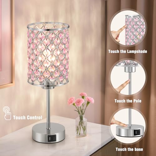 GyroVu Pink Crystal Bedside Table Lamps Set of 2 with USB C+A Ports - color: Pink-2, size: 14.75"
