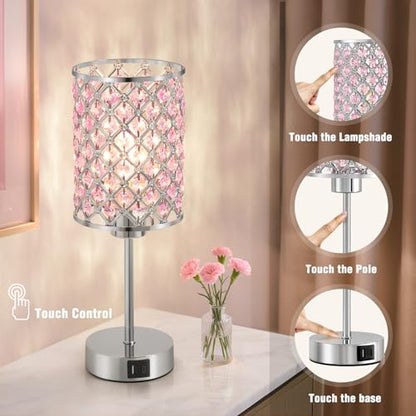 GyroVu Pink Crystal Bedside Table Lamps Set of 2 with USB C+A Ports - color: Pink-2, size: 14.75"