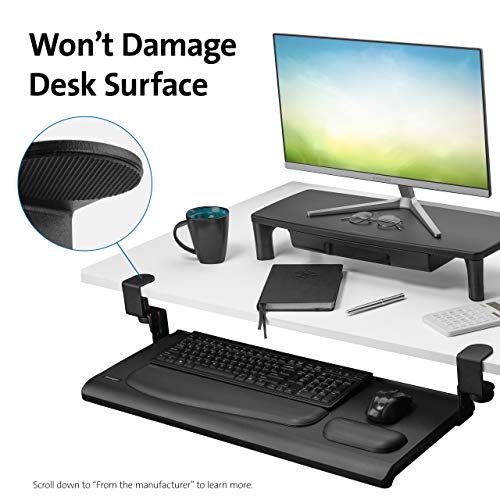 Kensington Clamp-On Keyboard Tray, Under Desk Keyboard Drawer with Cable Management, Ergonomic Smartfit Slide-out Height Adjustable Keyboard Holder, Black 13.3"x32.4"x2.4" K55407WW | SmartFit slide-out drawer, cable management, height adjustable, ergonomi