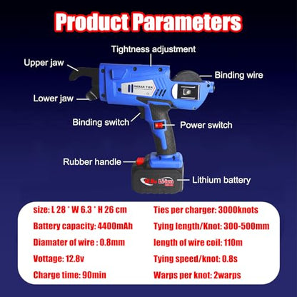 Electric Rebar Tying Machine 8-34mm, Automatic Steel Binding Tool with 2x4400mAh Batteries & Wire Coils, Efficient Rebar Tier Gun for Construction