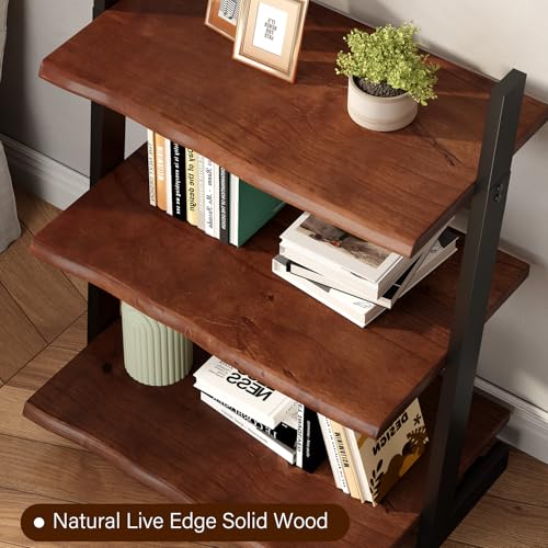 IBF 3-Tier Solid Wood Ladder Bookshelf with Natural Live Edge | Rustic Walnut Storage & Display Leaning Bookcase, Modern Space-Saving Shelf for Living Room, Bedroom, Home Office - size: 3 Tier