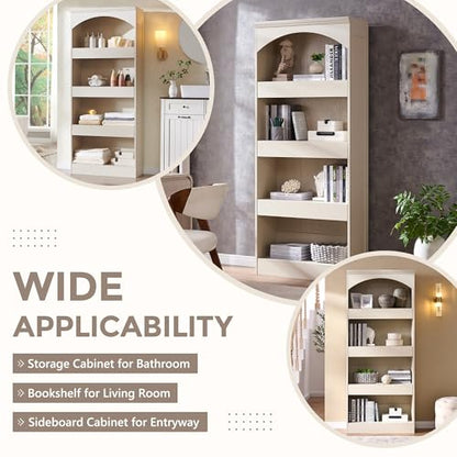 IFGET 76" Tall Arched Bookcase with 1PC Magnetic Lock Drawer, Cream | Modern Wooden Arch Bookshelf w/3 Pull-Out Drawers, Farmhouse 4 Tiers Book Shelf w/Open Shelves for Living Room, Office - color: Cream, size: With Drawers