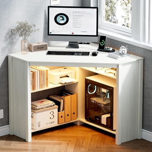 Corner Desk for Small Space with Charging Station & LED Light White | Smart Triangle Gaming Computer Desk for Home Office, Space Saving Storage Shelves, CPU Stand - color: White