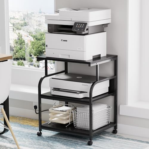 VECELO Adjustable Large Printer Stand with Power Outlet, 3-Tier Heavy Duty Cart on Lockable Wheels, Office Storage Table for Home Office, 3D Printer, Fax Machine, Scanner, Classic Black - color: Classic Black