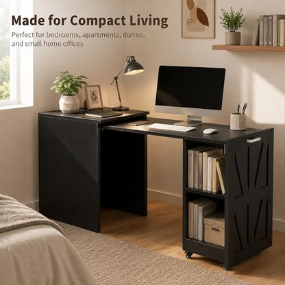 Foldable Pull-Out Desk with Charging Station and Storage, Black